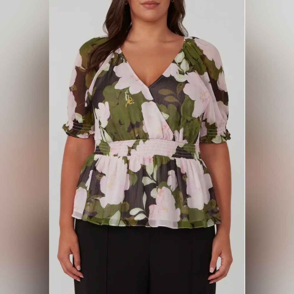 NWT Estelle Morning Glory purple floral Peplum blouse size 1X
